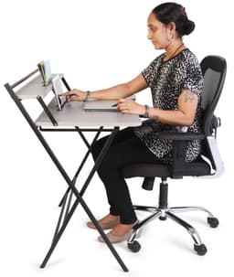 Futura Foldable Desk Standard (Grey) - Futura_female_working in Mumbai by Woodware